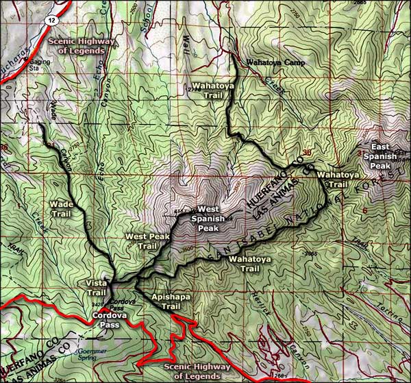 Spanish Peaks area topo map