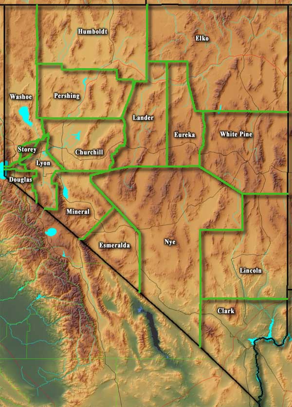 Nevada map showing county boundaries and names