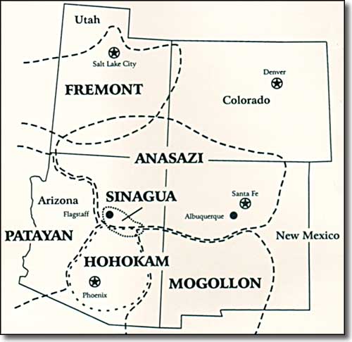 map of the Southwestern States showing the areas of ancient Native American peoples