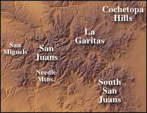 Satellite map of the San Juan Mountains