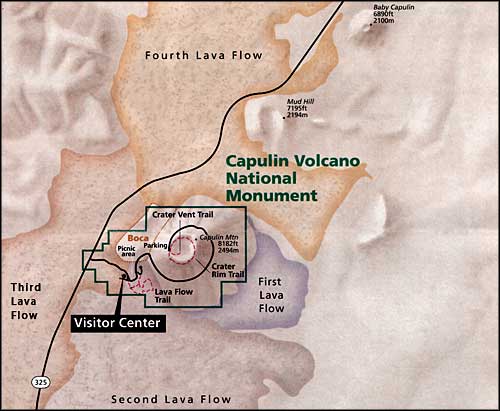 Map showing mountain and lava flows