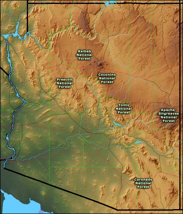 Map showing locations of the National Forests in Arizona