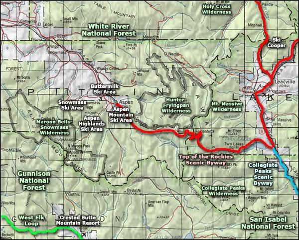 Map showing wilderness areas around Aspen, Colorado