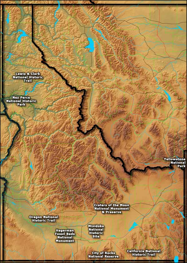 Locations of the National Park Service sites in Idaho