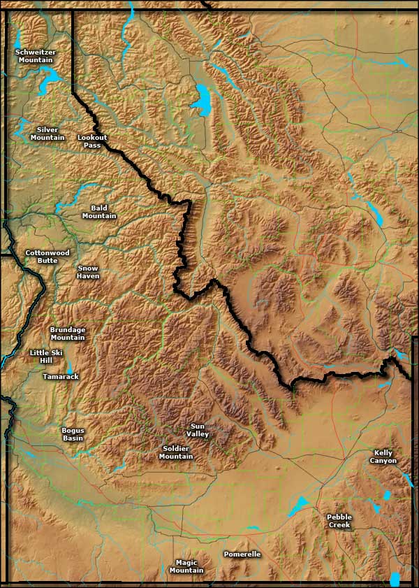 Map showing the locations of the Ski Areas in Idaho