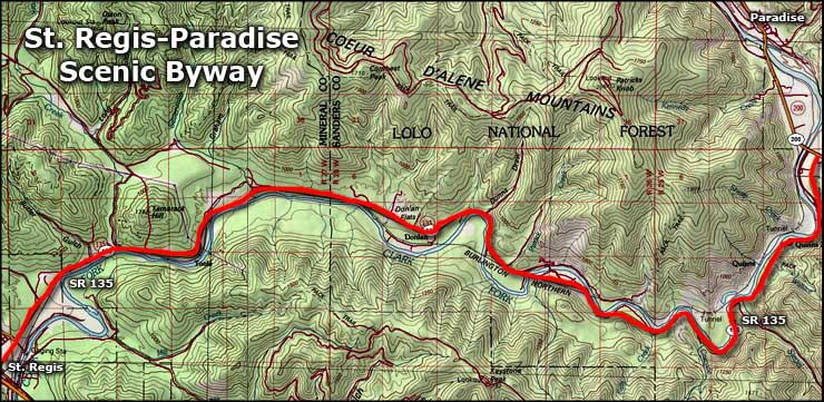 Area map of the St. Regis-Paradise Scenic Byway