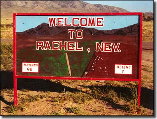 Welcome to Rachel sign, with population stats