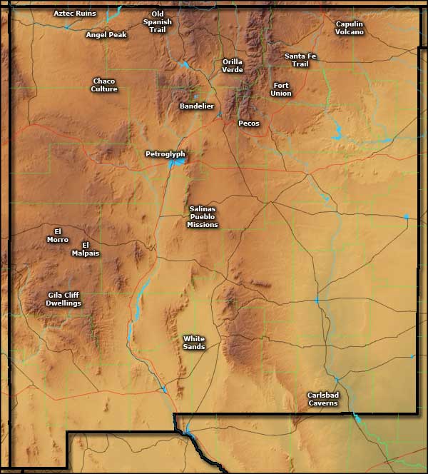 Map showing the locations of the National Park Service Sites in New Mexico