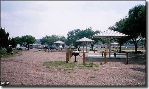 Picnic shelters and developed campsites at Conchas Lake State Park