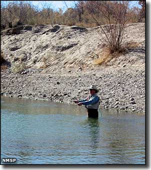 Fisherman in the water at Percha Dam State Park