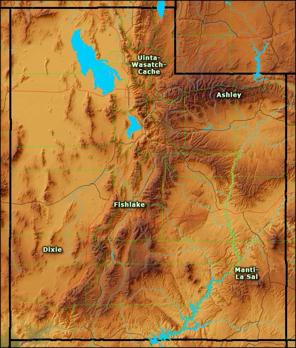 Locations of the National Forests in Utah