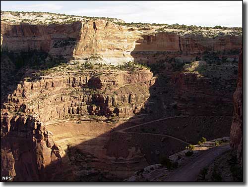 The Shafer Trail, a 4WD route that connects the Dead Horse Mesa Scenic Byway with the Potash-Lower Colorado River Scenic Byway